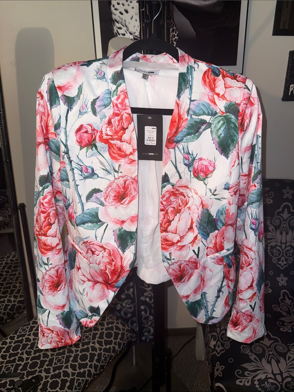 Fashion Nova White Floral Crop Blazer with Pink Rose Print